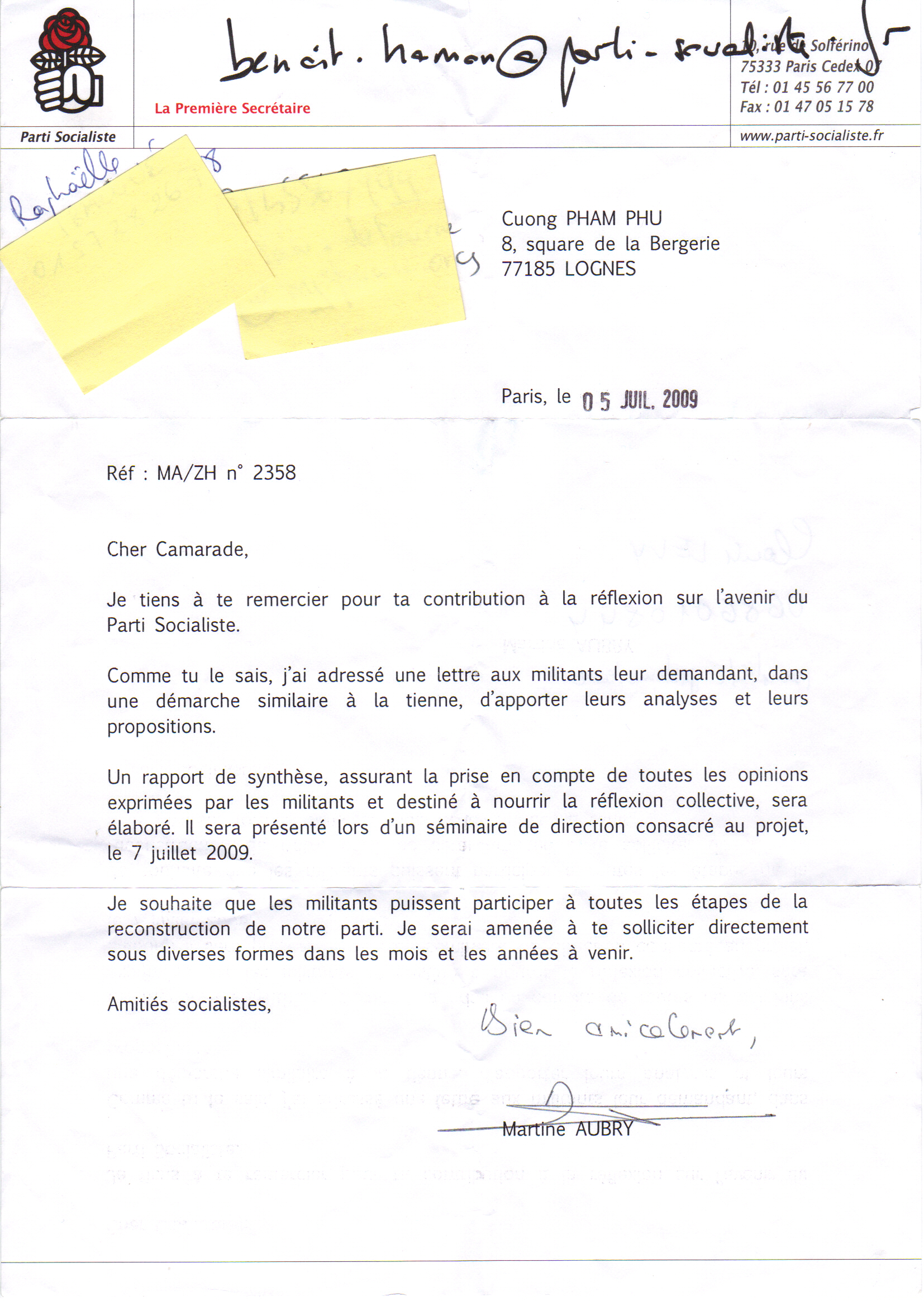 25-08-2011 Lettre de Martine Aubry